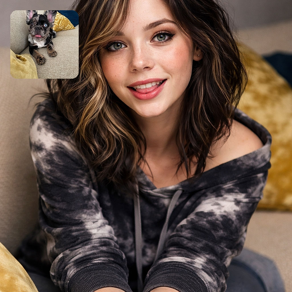A charming little dog with one blue eye and one brown eye lounges on a beige couch surrounded by cozy yellow and blue pillows, sticking its tongue out slightly in an adorable and playful manner.