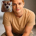 A small tan dog with large ears sits on a wooden floor, looking up with curious, wide eyes. The image is slightly blurry but captures the dog's charming expression and posture perfectly.