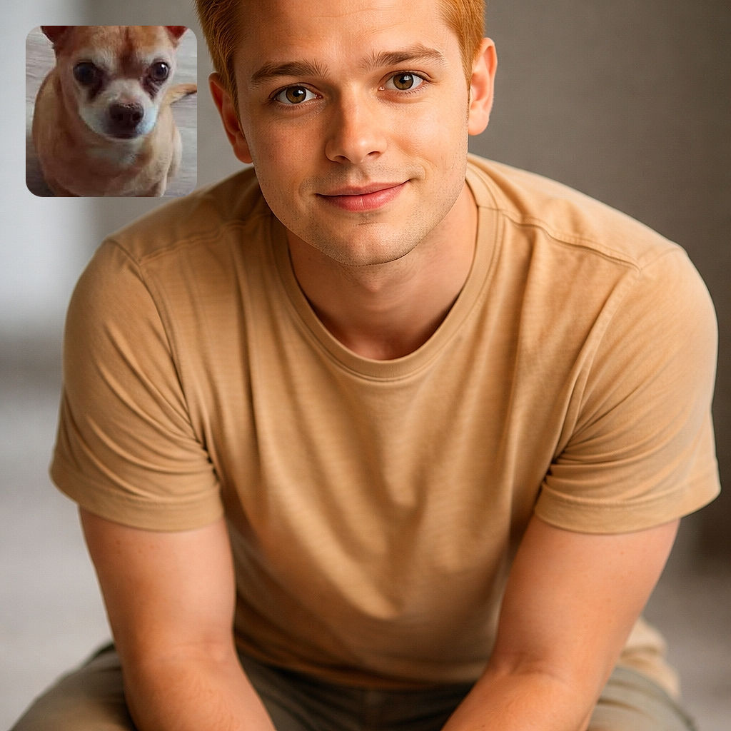 A small tan dog with large ears sits on a wooden floor, looking up with curious, wide eyes. The image is slightly blurry but captures the dog's charming expression and posture perfectly.