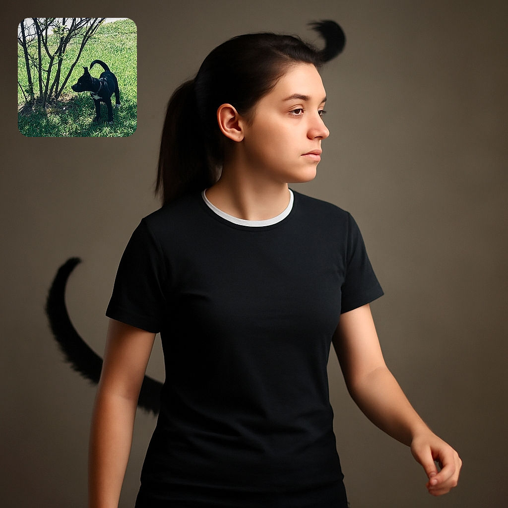 A curious black puppy with a white patch on its chest stands alert on a sunny grassy patch next to a small leafy tree, casting a playful shadow while seemingly scouting the neighborhood.