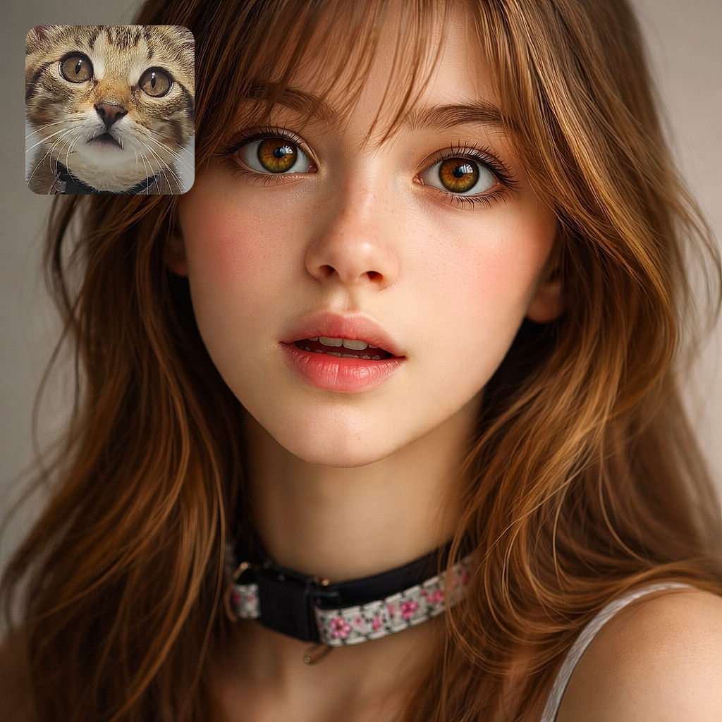 A close-up photo of a wide-eyed tabby kitten with a curious expression, wearing a collar with a floral design. The image is displayed within a phone gallery interface, showing the date and time at the top and icons at the bottom.