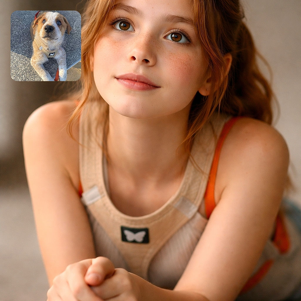 A wide-eyed, flecked-puppy gazes up like it just heard the word 'treat' — nose shiny, little harness on, paws draped over the speckled pavement edge, sunlight catching the whiskers. Pure puppy charm and very good at being irresistibly photogenic.