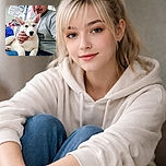 A happy person gently holding a calm white puppy with big ears, both looking content and cozy indoors with shelves and boxes in the background.