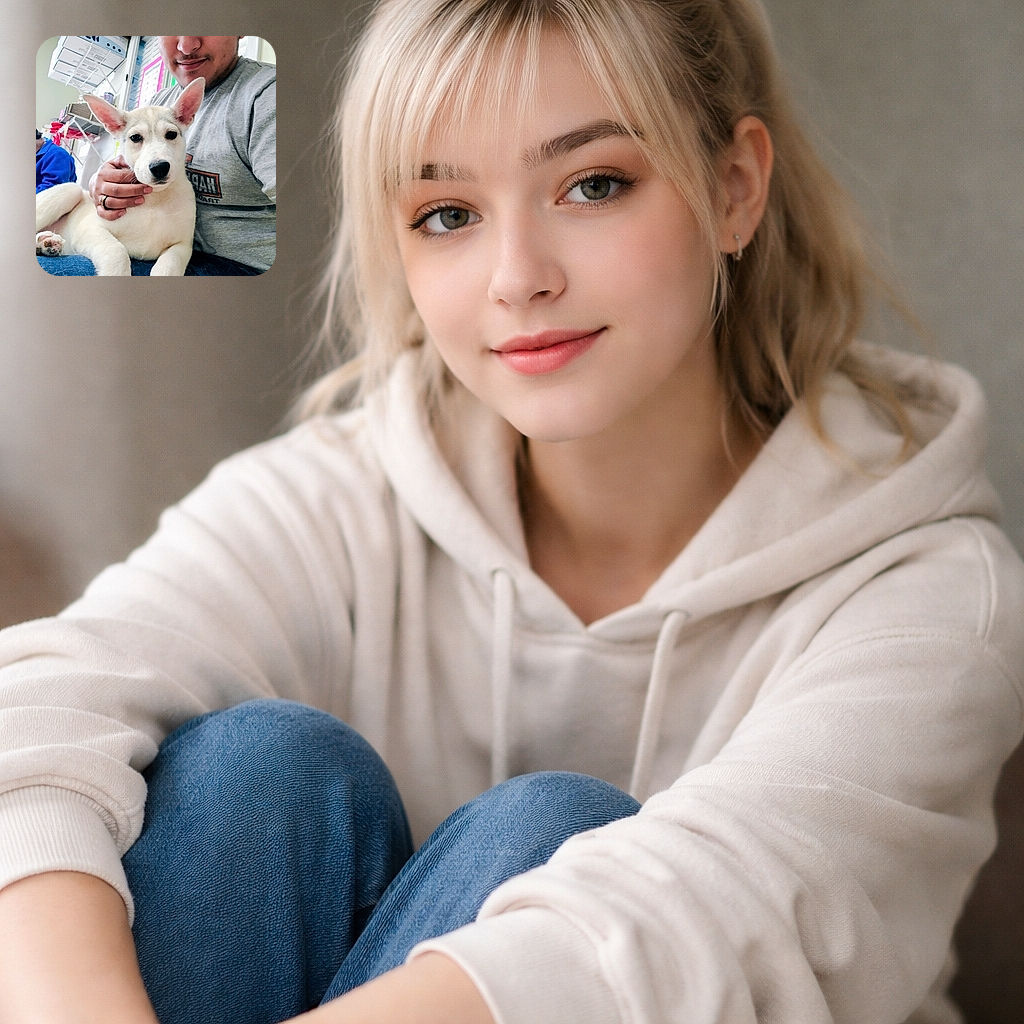 A happy person gently holding a calm white puppy with big ears, both looking content and cozy indoors with shelves and boxes in the background.