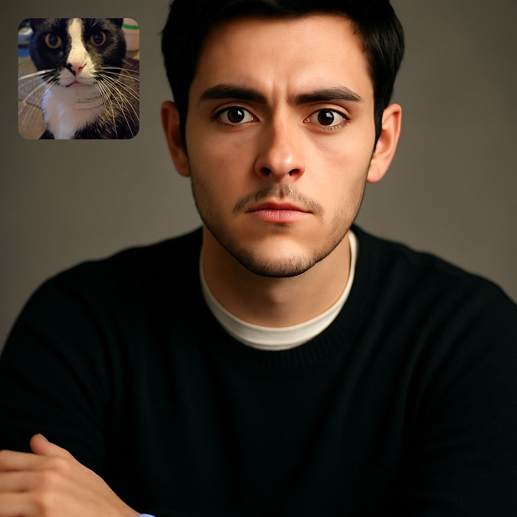 A close-up photo of a curious black and white cat with large eyes and prominent whiskers, looking directly into the camera with a slightly blurred background that hints at a cozy indoor setting.