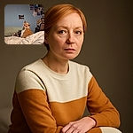 A cozy orange and white cat lounges on a rumpled bed, glancing back with a curious and slightly suspicious look, surrounded by a blue wall adorned with postcards and photos, creating a homey and relaxed vibe.