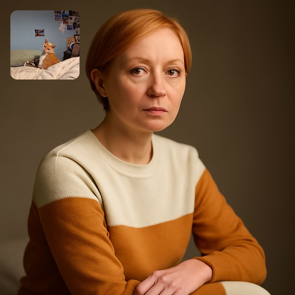 A cozy orange and white cat lounges on a rumpled bed, glancing back with a curious and slightly suspicious look, surrounded by a blue wall adorned with postcards and photos, creating a homey and relaxed vibe.