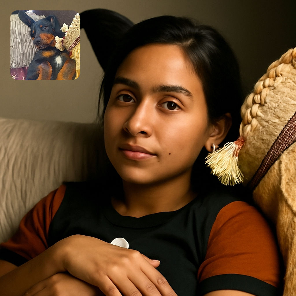 A cozy dog, possibly a Doberman or Rottweiler mix, is lying on its back among cushions and blankets, looking relaxed and slightly amused with one ear perked up like it's eavesdropping on a secret.