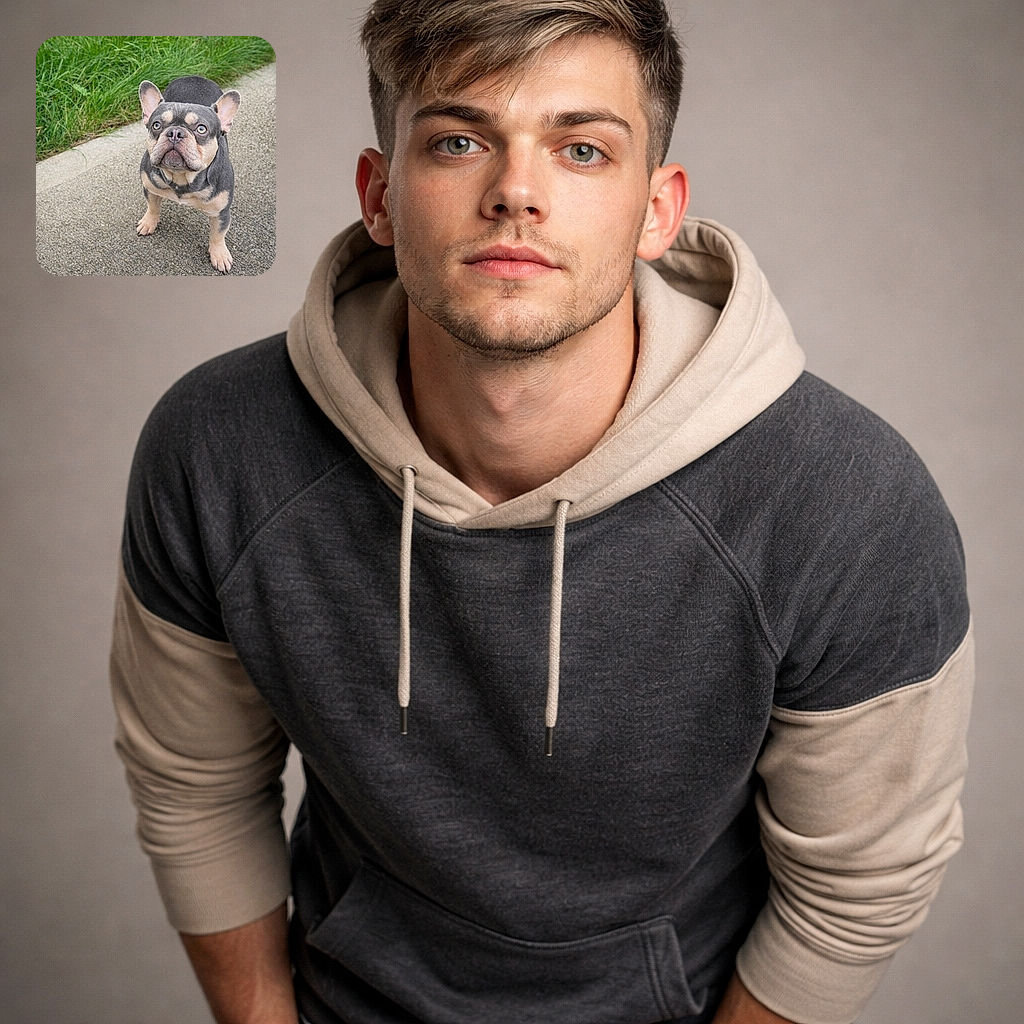 A curious little French Bulldog puppy stands on a paved path, looking up with big, soulful eyes and a slightly wrinkled face, surrounded by lush green grass and a few scattered flowers in the background.