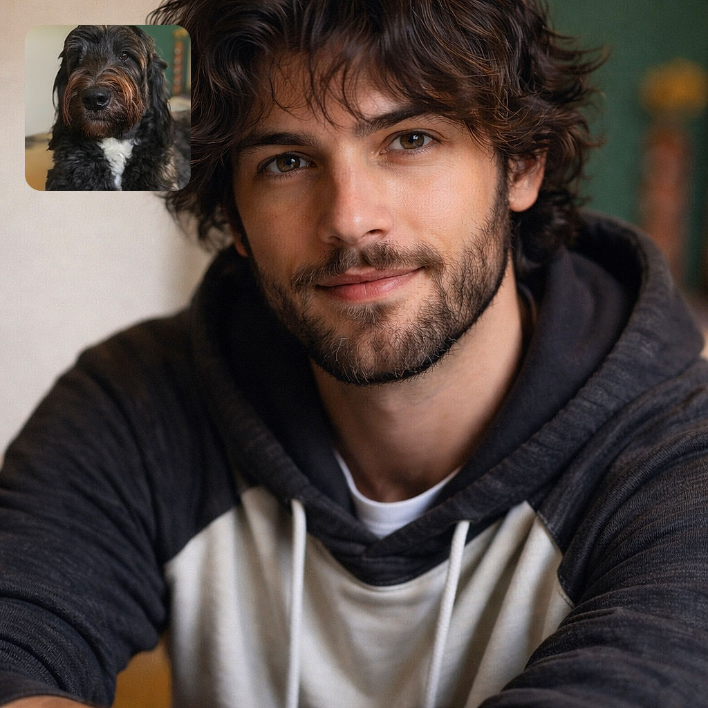 A close-up portrait of a fluffy black and brown dog with soulful eyes and a white patch on its chest, sitting indoors with a softly blurred background that highlights its expressive face and textured fur.
