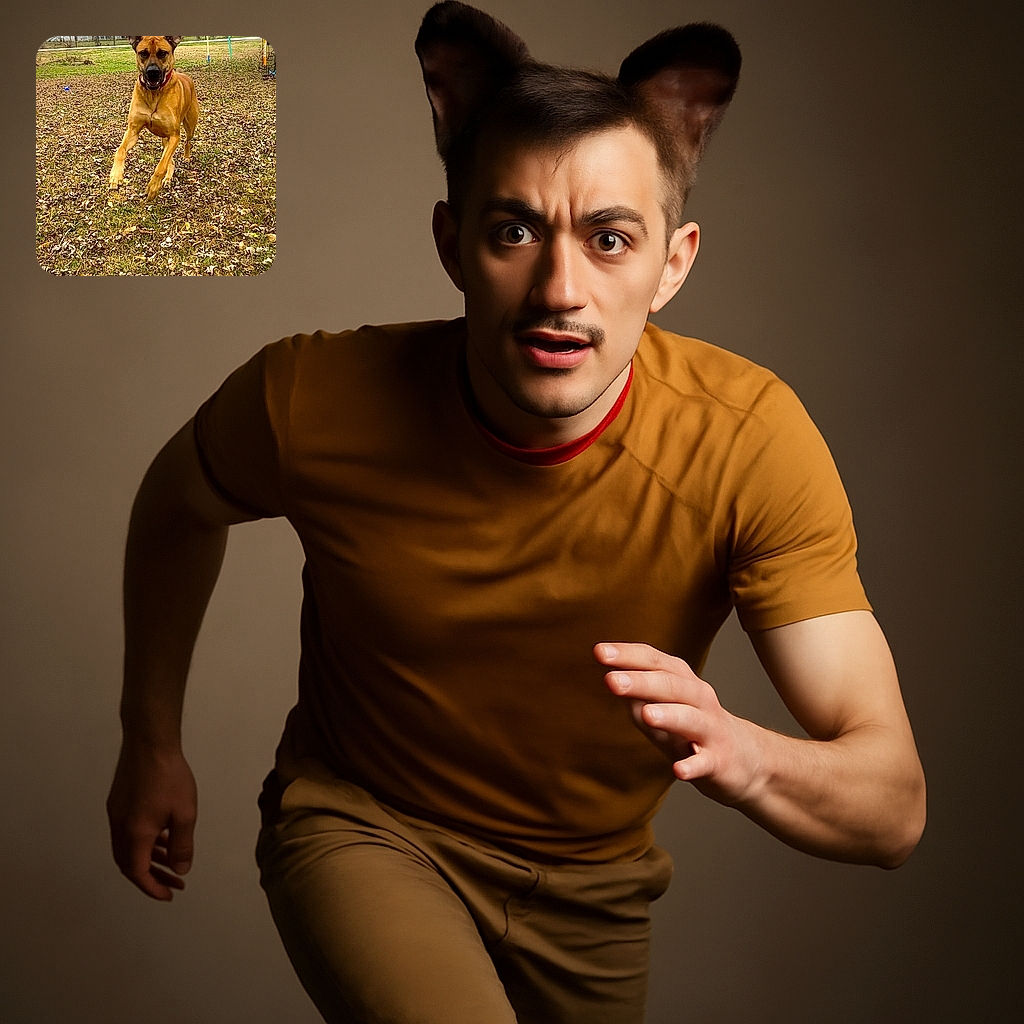 An energetic dog dashes joyfully through a leaf-covered yard with ears flapping like little wings, set against a rustic backdrop of houses and bare trees on a cool day.