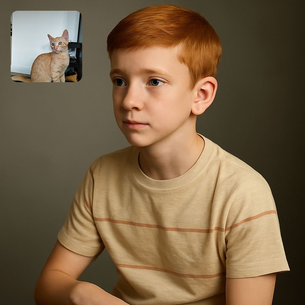 A charming orange tabby kitten sits attentively on a blue surface, its big green eyes wide and curious, with a simple indoor background that highlights the kitten's soft fur and striped pattern.