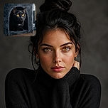 A sleek black cat with glowing golden eyes sits inside a plush gray cat house, looking like a tiny mysterious landlord guarding its luxurious carpeted lair. The cozy indoor setting and warm wooden floor give the portrait a polished, dramatic feel.