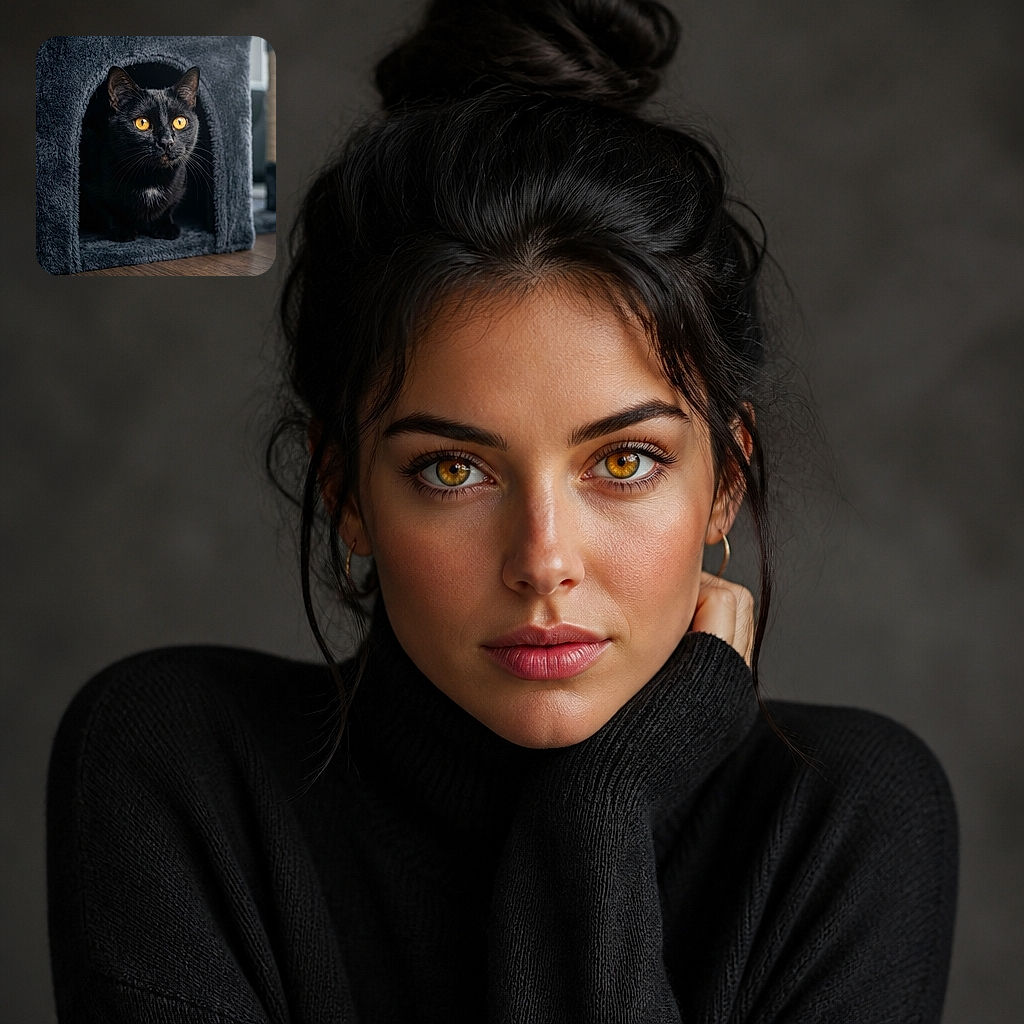 A sleek black cat with glowing golden eyes sits inside a plush gray cat house, looking like a tiny mysterious landlord guarding its luxurious carpeted lair. The cozy indoor setting and warm wooden floor give the portrait a polished, dramatic feel.