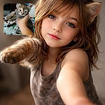 A fuzzy tabby kitten being held up mid-squirm by a human hand, eyes half-open and paws outstretched over a festive blanket — adorable, a bit blurry, and clearly plotting its next escape.