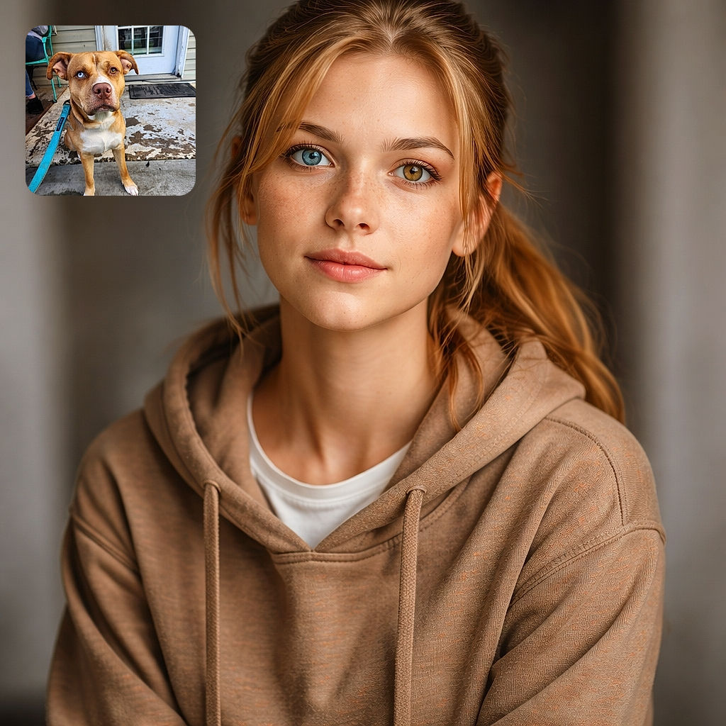 A soulful, one‑blue/one‑brown eyed dog stares up like it knows you're hiding treats — turquoise leash in frame, chipping welcome mat and porch paint behind it, a teal chair and a human's legs off to the side. The dog's earnest face and mismatched eyes steal the show while the rustic doorstep provides character (and probably crumbs).