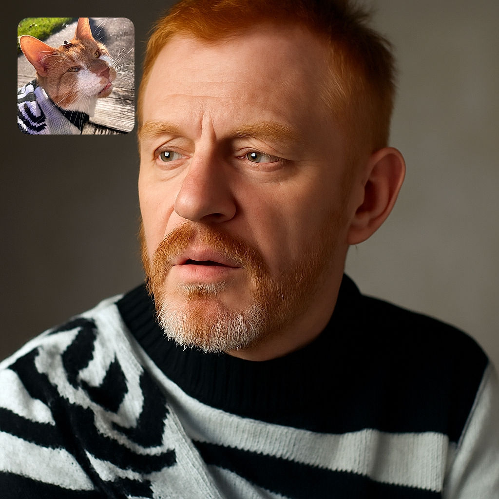 A curious orange and white cat wearing a cozy black and white sweater, basking in the sunlight with a tiny leaf resting on its head, giving it a whimsical autumn vibe.