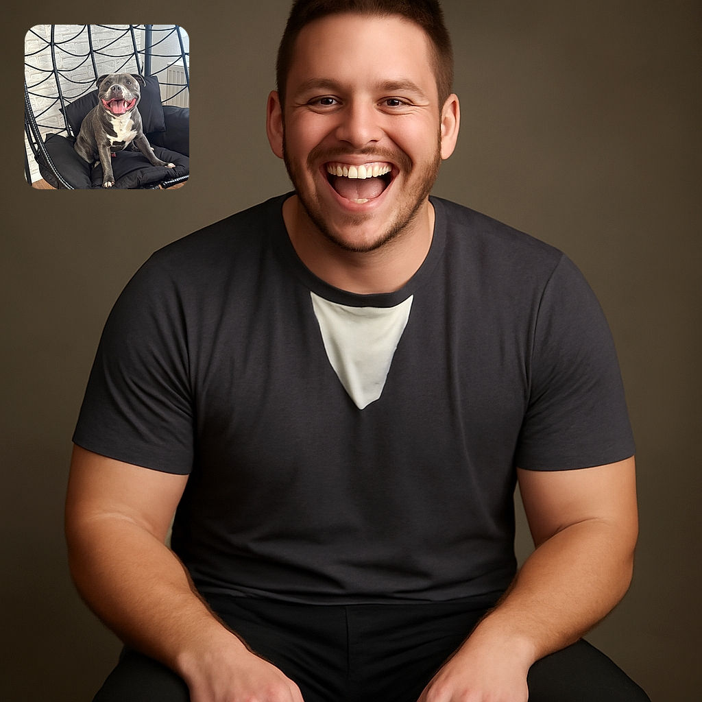 A happy, smiling dog lounges comfortably on a black cushioned swing chair indoors, with a modern white brick wall and wooden floor in the background. The dog's joyful expression and relaxed pose make it look like it's having the best day ever.