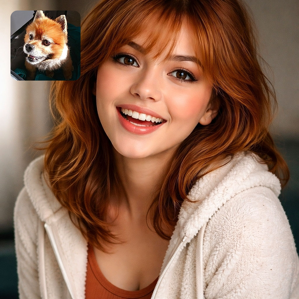 A fluffy Pomeranian beams up at the camera from inside a bag, sunlight spotlighting its orange fur and tiny fang — looks part diva, part pocket-sized lion enjoying a sunbath on a teal towel.