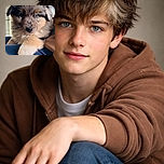 A fluffy merle puppy stares straight at the camera with one striking blue eye, little paw draped like it owns the sofa — equal parts regal and pleading for treats.