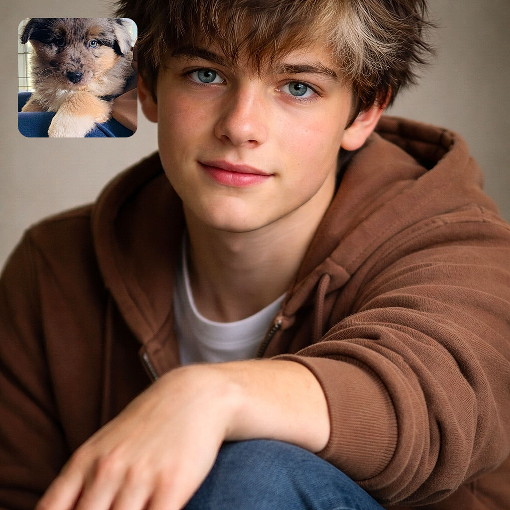 A fluffy merle puppy stares straight at the camera with one striking blue eye, little paw draped like it owns the sofa — equal parts regal and pleading for treats.