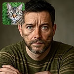 A close-up of a tabby cat lying on vibrant green grass, its mesmerizing green eyes staring directly into the camera, capturing every fine detail of its fur and whiskers with crystal clarity.