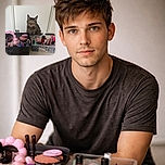 A curious tabby cat sits attentively behind two baskets filled with various makeup and beauty tools, creating a charming scene where the feline looks like the overseer of a colorful beauty emporium.