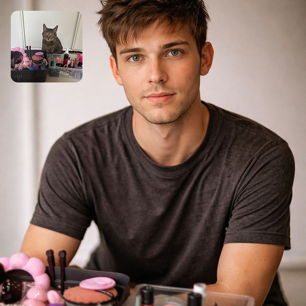 A curious tabby cat sits attentively behind two baskets filled with various makeup and beauty tools, creating a charming scene where the feline looks like the overseer of a colorful beauty emporium.