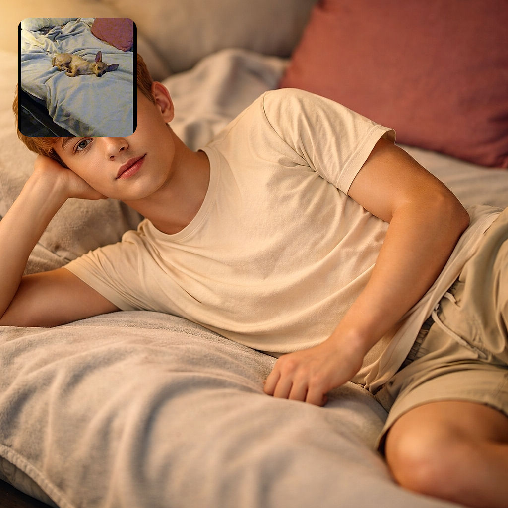 A small dog stretched out on a rumpled blanket on a couch, one ear perked like it's eavesdropping on snack time — cozy, slightly grainy snapshot with pillows and soft folds of fabric filling the background.