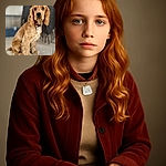 A charming golden Cocker Spaniel puppy sits attentively on a tiled floor, its expressive eyes full of curiosity and innocence. The soft background blur highlights the dog's shiny fur and the cute bone-shaped tag on its collar, making it look like a furry little model in a cozy home setting.