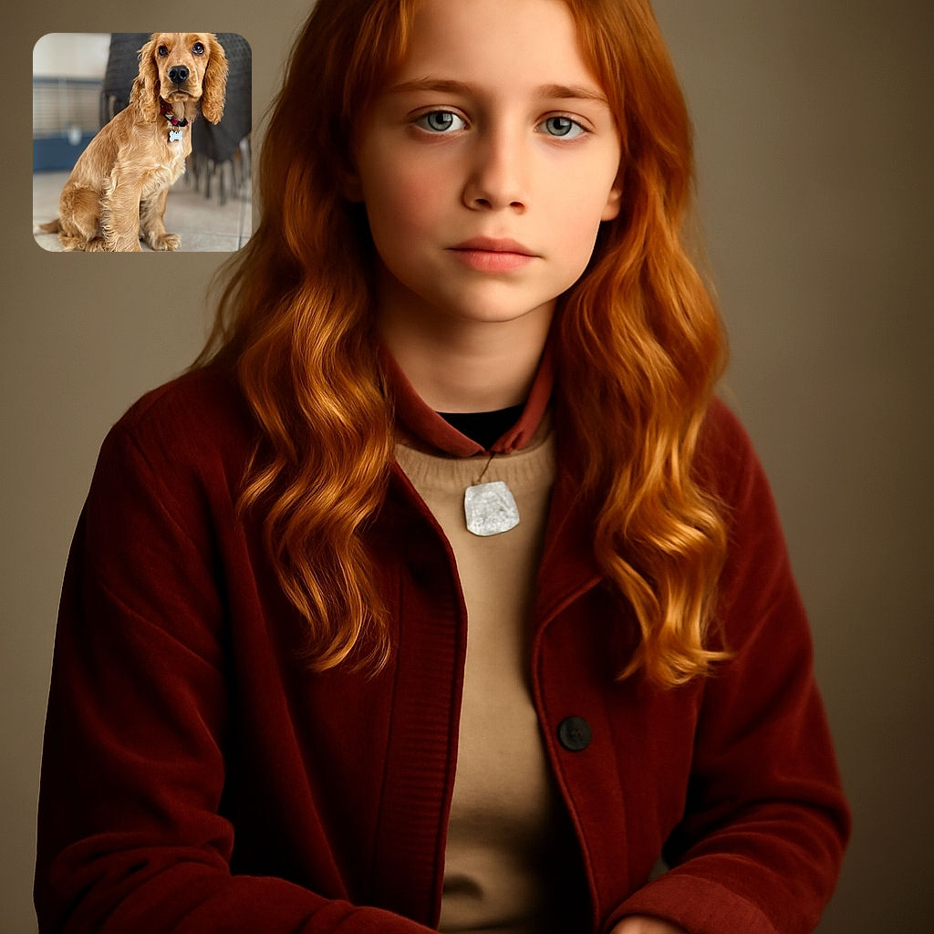 A charming golden Cocker Spaniel puppy sits attentively on a tiled floor, its expressive eyes full of curiosity and innocence. The soft background blur highlights the dog's shiny fur and the cute bone-shaped tag on its collar, making it look like a furry little model in a cozy home setting.