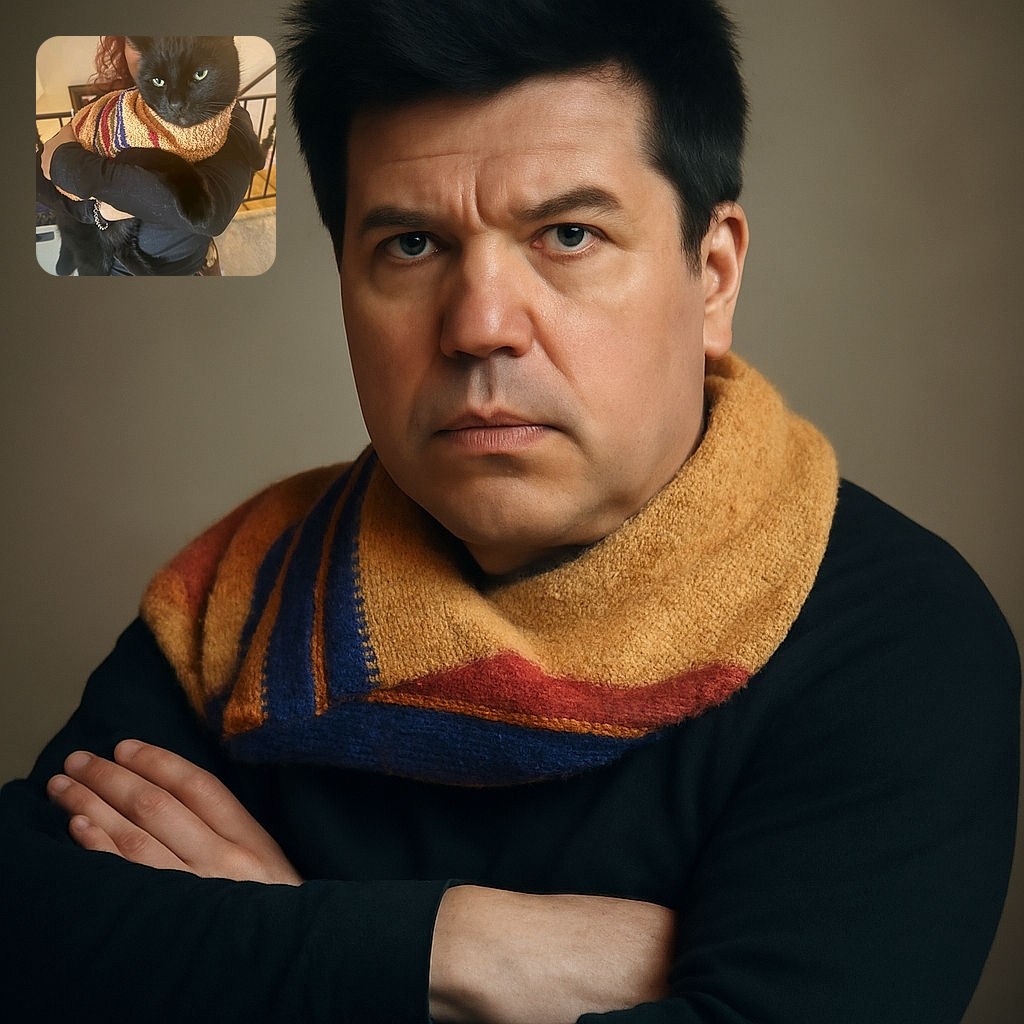 A cozy black cat wrapped in a colorful towel is being held by a person dressed in black, with the person's face partially obscured by the cat. The cat's intense green eyes stare directly at the camera, while the background shows a home interior with stairs and warm lighting.