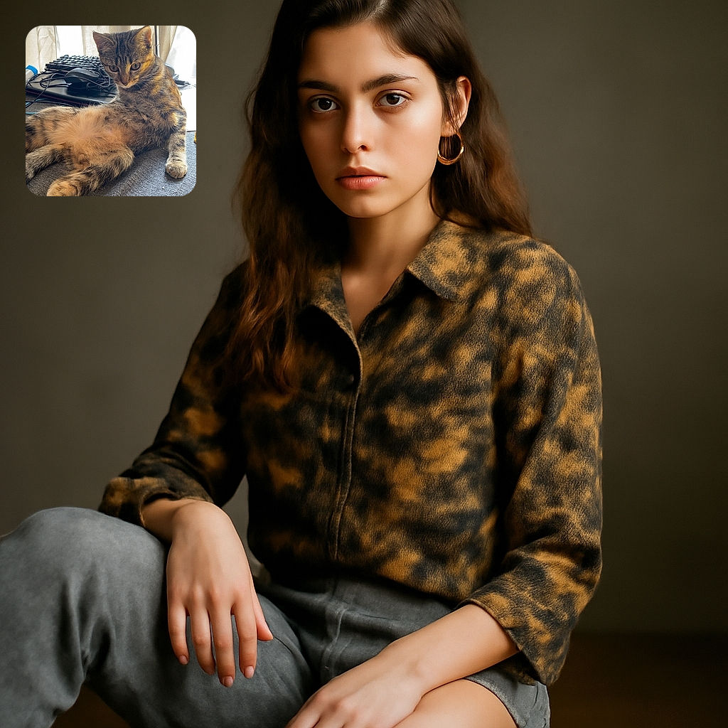 A curious tabby cat lounges on a gray fabric surface with a slightly disheveled look, surrounded by computer peripherals in the softly lit background, giving off a vibe of relaxed tech-savvy feline.