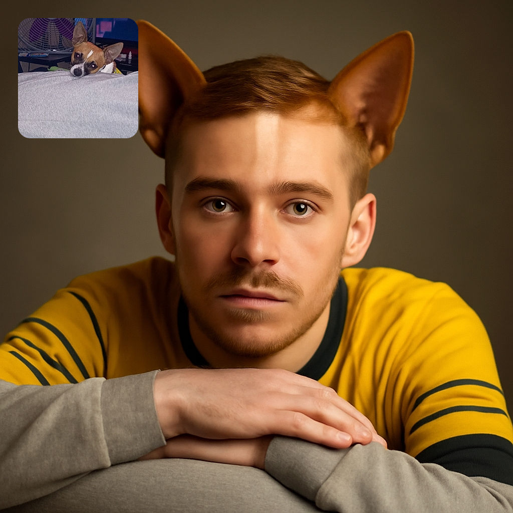 A small dog with large ears peeks over a gray couch or blanket, looking relaxed but slightly curious. Behind it, a purple fan and some household items create a cozy indoor setting.