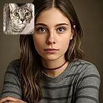A close-up of a curious tabby cat with striking yellow-green eyes, whiskers fanned out, and ears perked up as if it's about to pounce on an invisible toy. The background is softly blurred, keeping all attention on the feline's expressive face.