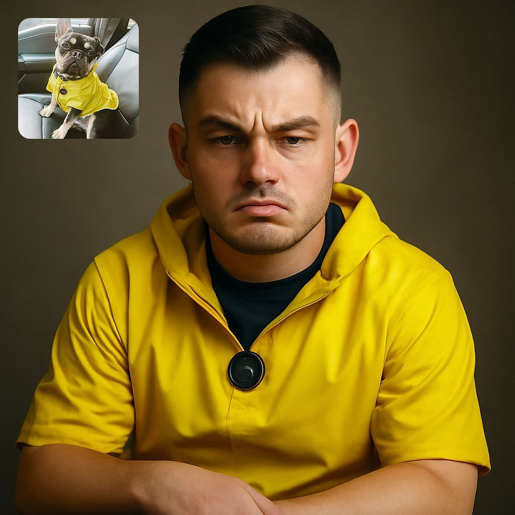 A charming French Bulldog dressed in a bright yellow raincoat sits patiently in the front seat of a car, looking at the camera with a slightly serious yet adorable expression. The dog's tag reads 'ELVIS,' making this pup look like a tiny, stylish superstar ready for a rainy day adventure.