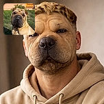 A close-up photo of a wrinkly Shar Pei dog sitting outside on grass in front of a house with a door and some greenery. The dog's large, textured snout and characteristic folds make it look adorably squished and a bit like a living plush toy.