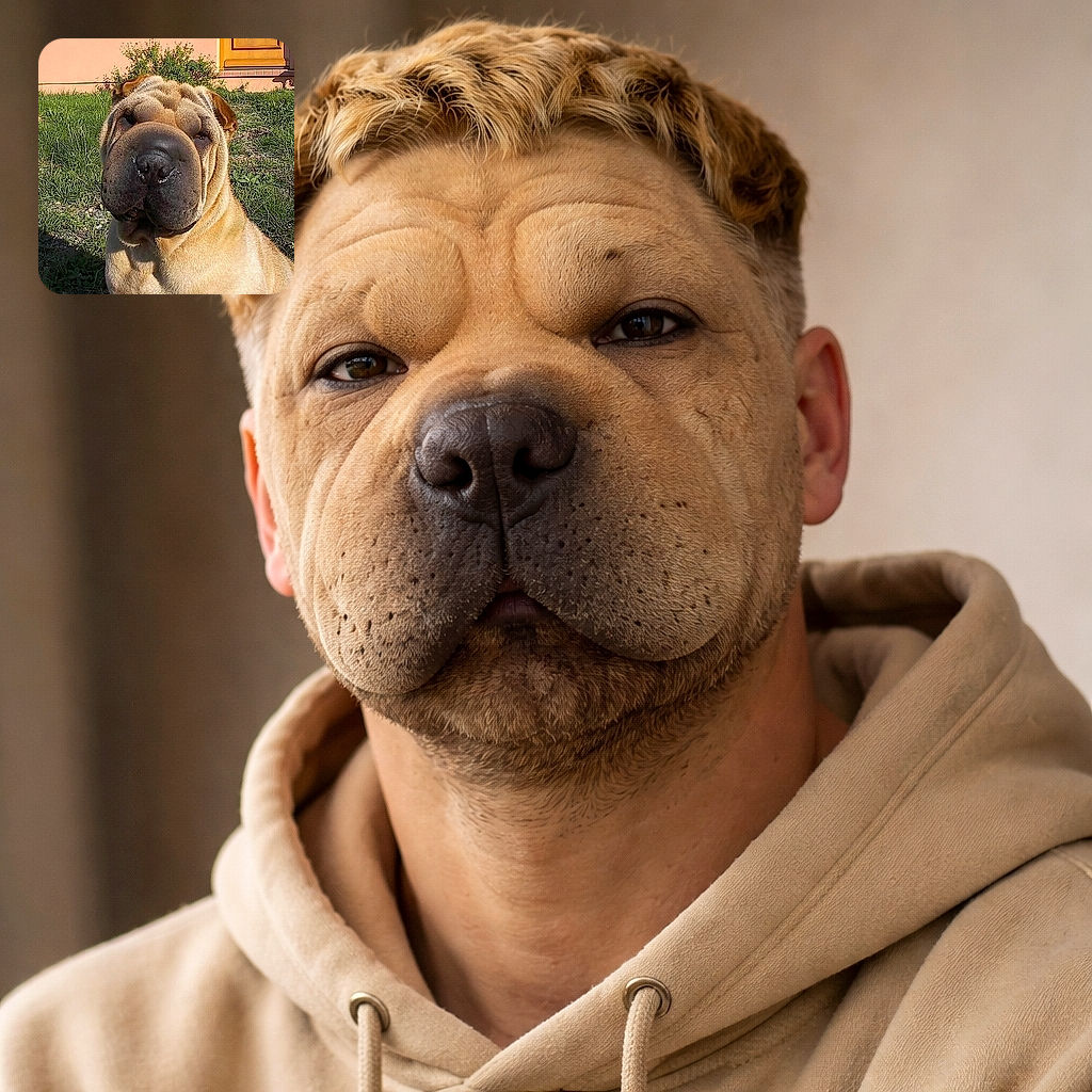 A close-up photo of a wrinkly Shar Pei dog sitting outside on grass in front of a house with a door and some greenery. The dog's large, textured snout and characteristic folds make it look adorably squished and a bit like a living plush toy.