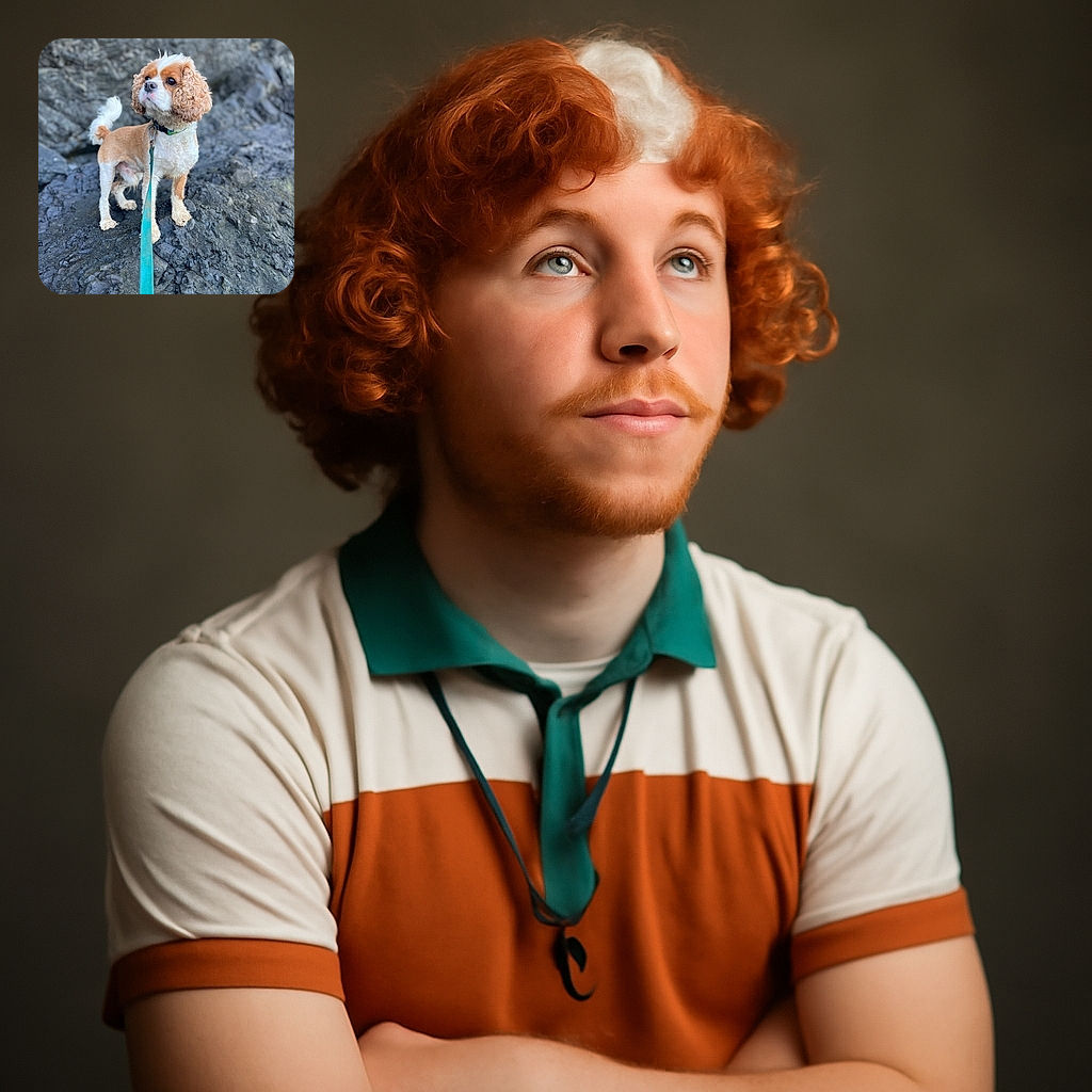 A charming curly-eared dog stands proudly on rugged dark rocks, leash stretched out as if leading an adventure, with a curious gaze that says, 'What's next?' The background is a soft blur of rocky textures, making this furry explorer the star of the show.