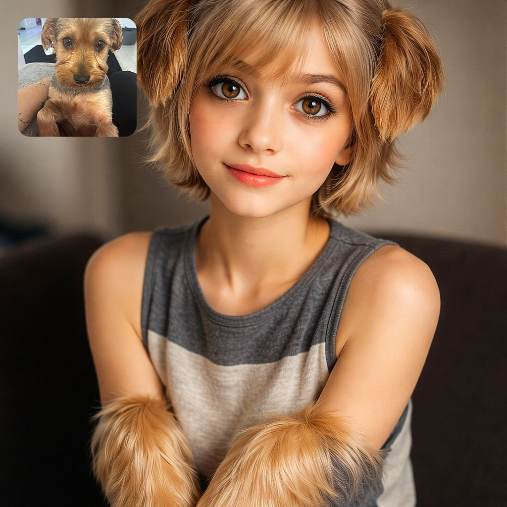 A close-up photo of an adorable small dog with big, soulful eyes looking directly at the camera, sitting comfortably on a person's lap in a cozy indoor setting.