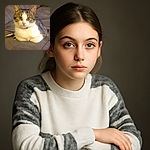 A cozy tabby cat with big curious eyes is curled up on a soft couch, looking straight at the camera with an innocent and calm expression. The image is a bit grainy but captures the warm and relaxed vibe of a cat's chill time.