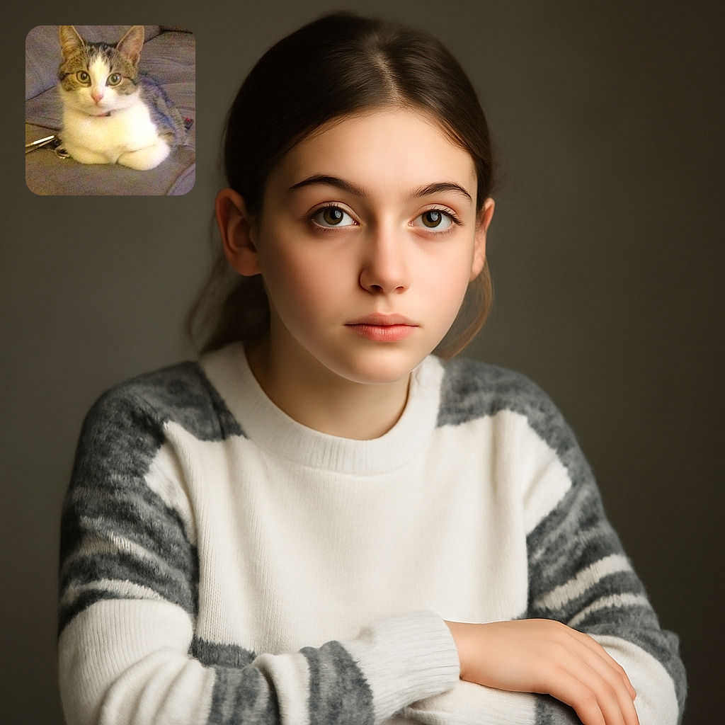 A cozy tabby cat with big curious eyes is curled up on a soft couch, looking straight at the camera with an innocent and calm expression. The image is a bit grainy but captures the warm and relaxed vibe of a cat's chill time.