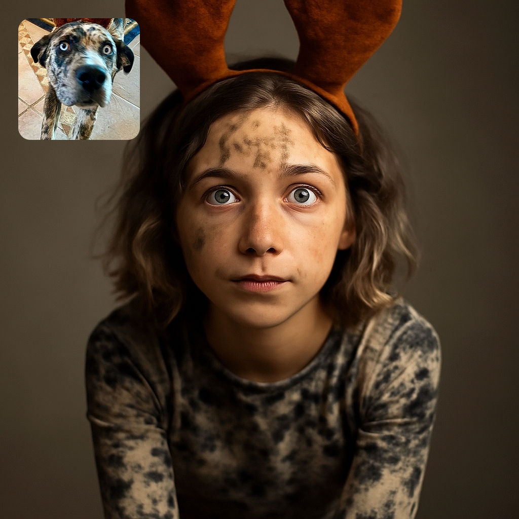 A playful dog with a speckled coat wearing fuzzy reindeer antlers looks curiously into the camera, its face slightly blurred from movement, standing on a tiled floor with a patterned rug in the background.