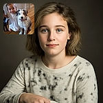 A sweet little girl in a white dress kneels beside an adorable spotted puppy, both looking happy and curious indoors on a wooden floor.