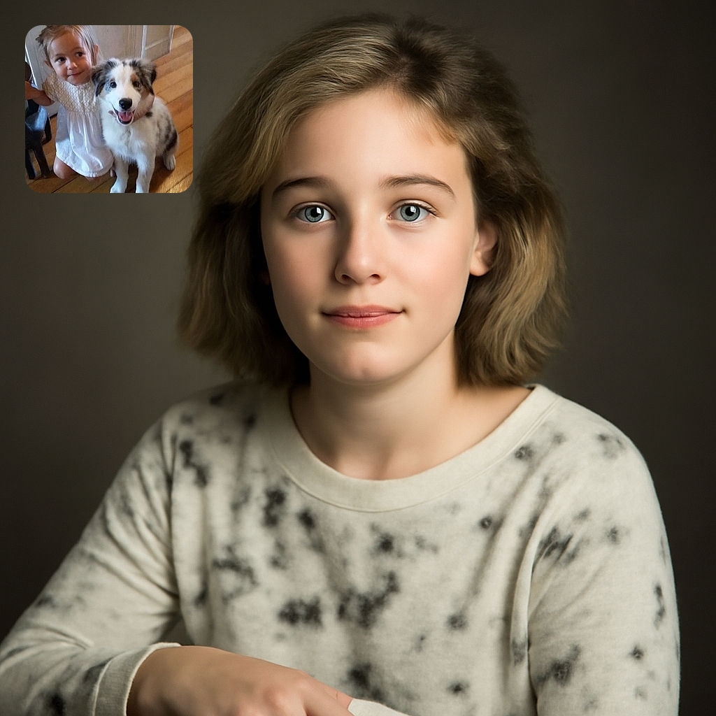 A sweet little girl in a white dress kneels beside an adorable spotted puppy, both looking happy and curious indoors on a wooden floor.