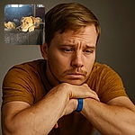 A soulful dog with a brindle coat and a blue collar rests its head and paws over the back of a dark textured couch, gazing thoughtfully into the distance. Behind, a cozy room with a window letting in soft daylight, a patterned door curtain, and assorted homey clutter complete the scene.