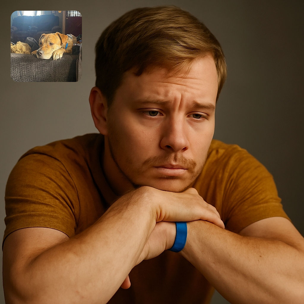 A soulful dog with a brindle coat and a blue collar rests its head and paws over the back of a dark textured couch, gazing thoughtfully into the distance. Behind, a cozy room with a window letting in soft daylight, a patterned door curtain, and assorted homey clutter complete the scene.