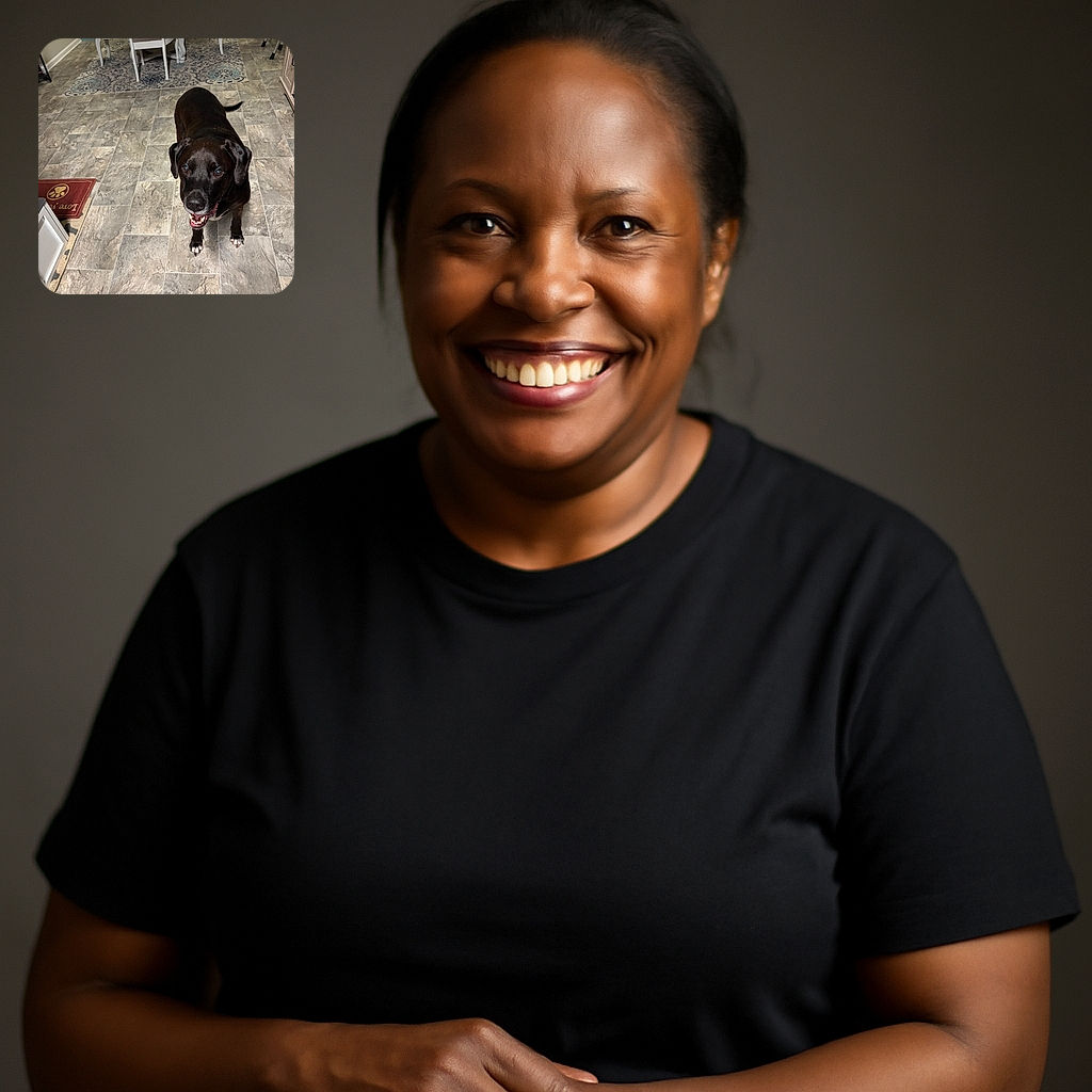 A happy black dog with white paws stands on a tiled floor, looking up with a joyful expression. The background shows a cozy dining area with white chairs, a patterned rug, and various home decorations, giving a warm and inviting vibe.