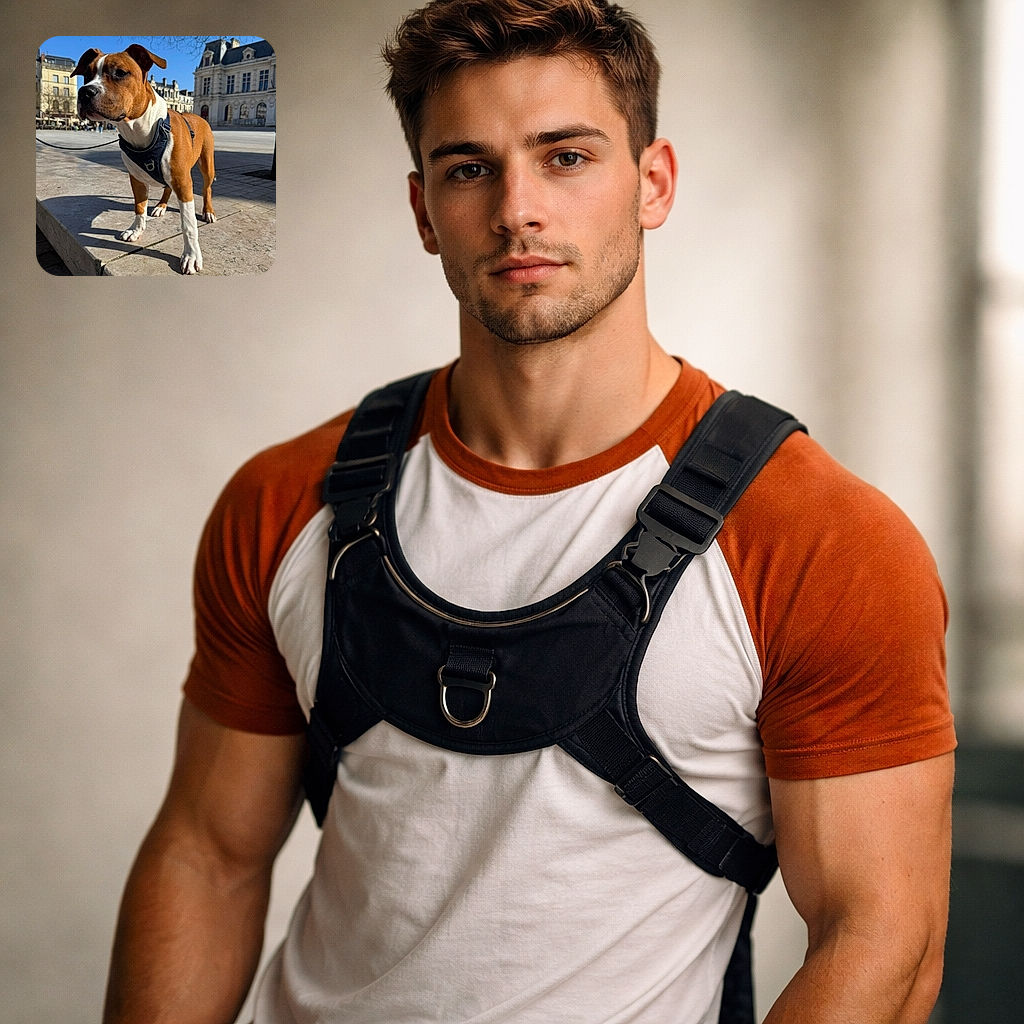 A confident brown-and-white dog in a navy harness poses like the mayor of the plaza, surveying its cobblestone kingdom with a serious "who's a good boy?" expression while elegant buildings and bare tree branches frame the sunny scene.