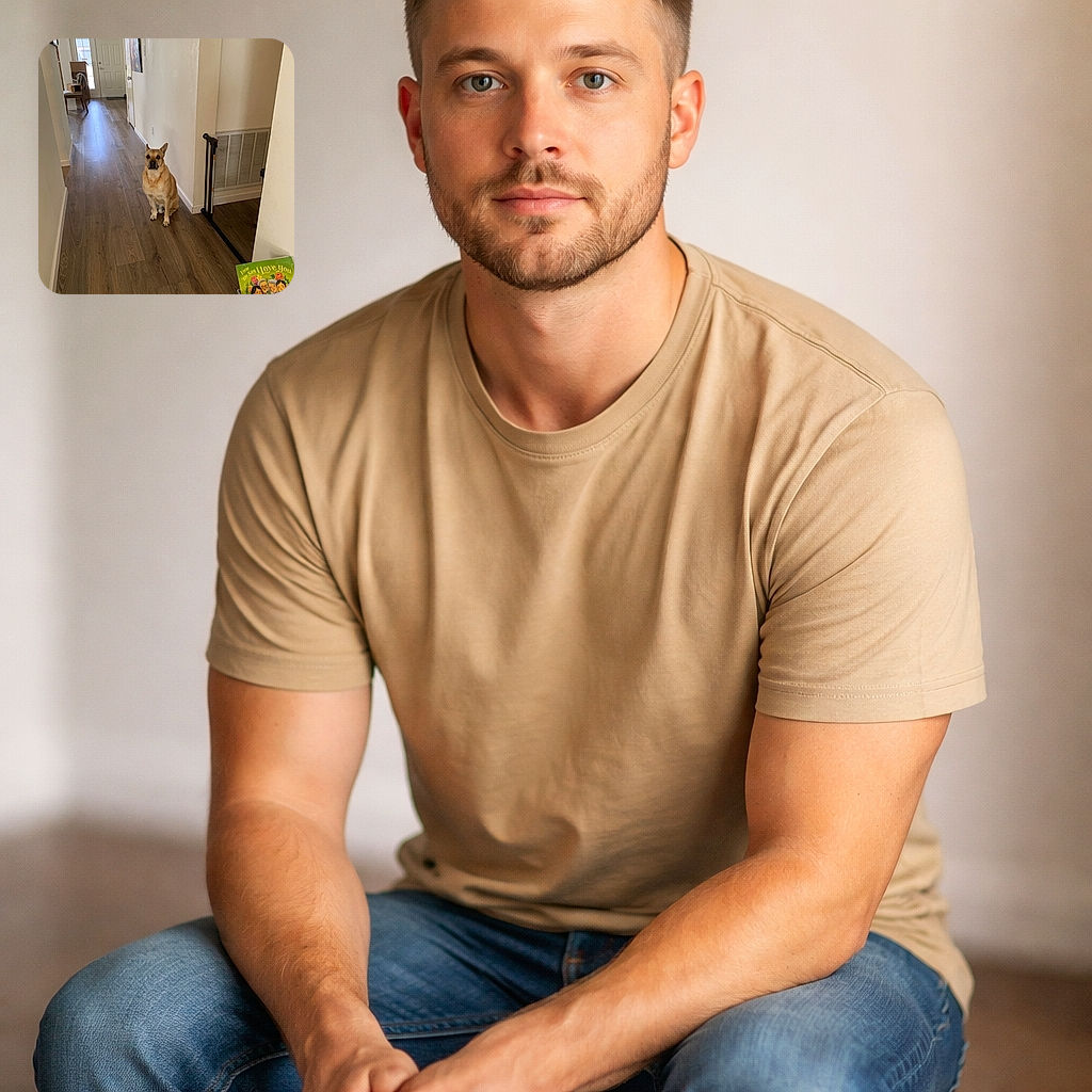 A dignified brown dog sits squarely in the middle of a long hallway like it's posing for its agent — one ear up, soulful stare, hardwood runway and a children's book peeking into frame. The scene reads 'domestic serenity meets canine patience' with a hint of 'are you finally going to throw the ball?'